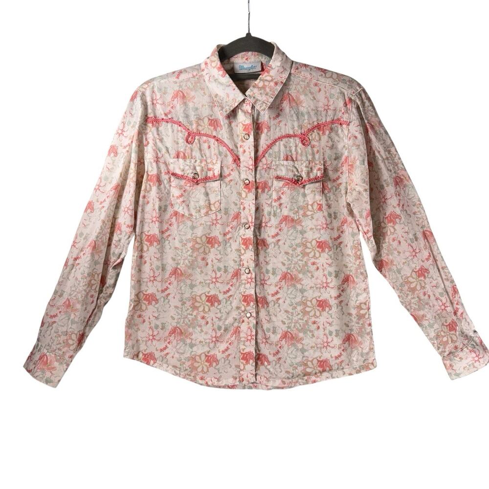 Wrangler Cowgirls Pearl Snap Horse Themed Pink Western Shirt Size XL 12 READ